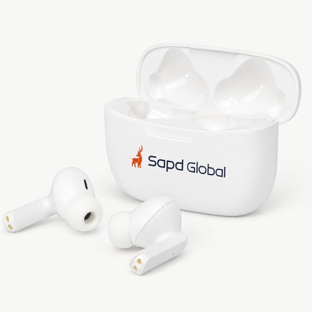 Essos 2.0 wireless earbuds with SAPD Global logo