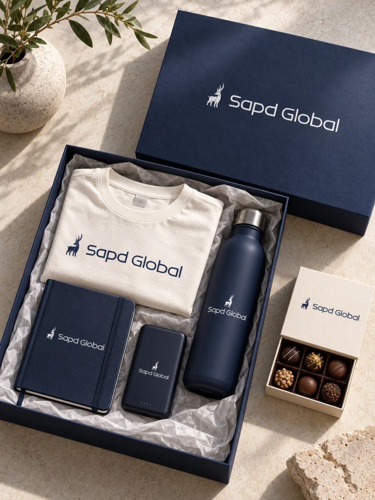 SAPD Global navy welcome gift set with branded accessories